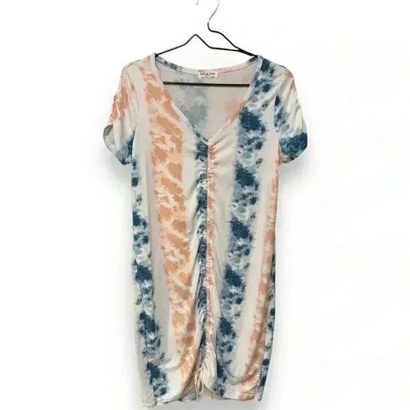 Full Circle Trends Dresses & Skirts - Full Circle Trends Knee Length Teal/Peach/White Tie Dye Rouched T-Shirt dress XL